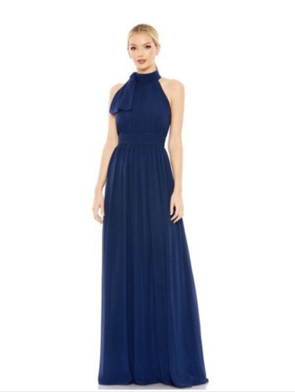 Ieena MacDuggal Elegant High Neck Bow Ruched Chiffon Long Gown SZ 16 Navy Blue